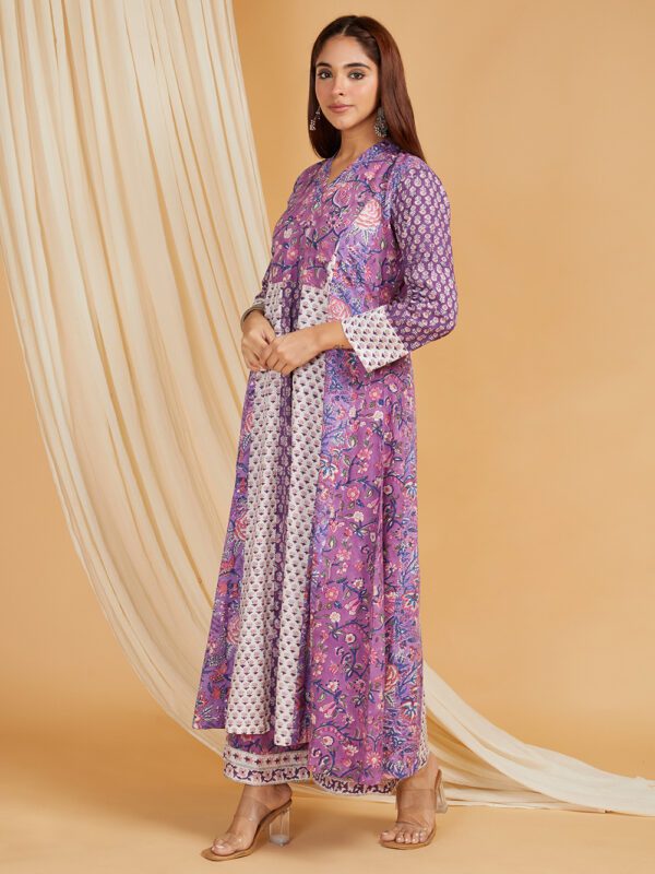 Umbrella Flared Kurta in Hand Block Printed Cotton with Palazzo Set of 2 - Image 4