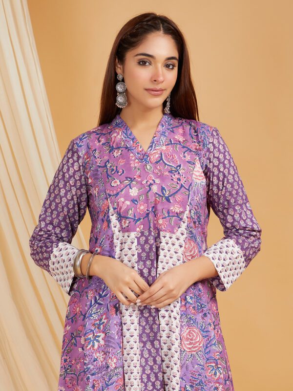Umbrella Flared Kurta in Hand Block Printed Cotton with Palazzo Set of 2 - Image 5