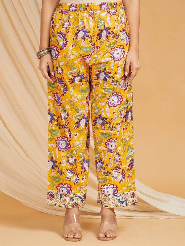Hand Block Printed Cotton Princess Seam Straight Kurta with Side pockets and Palazzo Set of 2 - Image 2