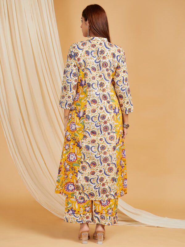Hand Block Printed Cotton Princess Seam Straight Kurta with Side pockets and Palazzo Set of 2 - Image 3