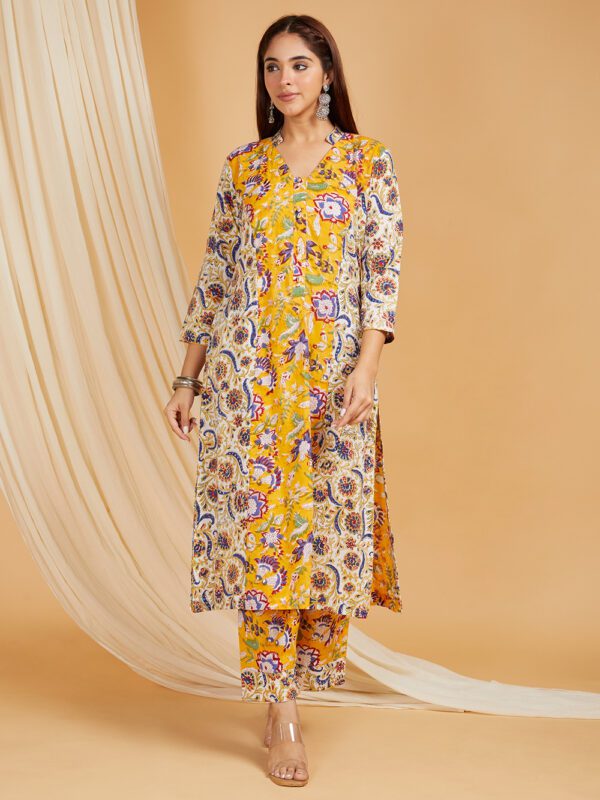 Hand Block Printed Cotton Princess Seam Straight Kurta with Side pockets and Palazzo Set of 2