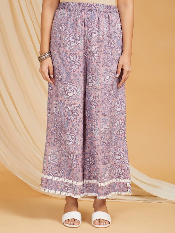 Mauve Hand Block Printed Cotton Straight Kurta with Palazzo- with crochet lace detail Set of 2 - Image 2