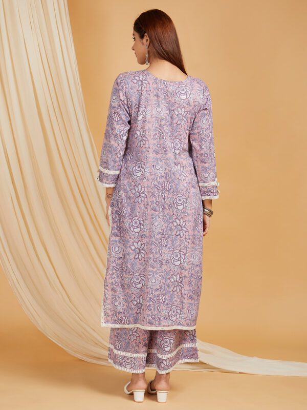 Mauve Hand Block Printed Cotton Straight Kurta with Palazzo- with crochet lace detail Set of 2 - Image 3