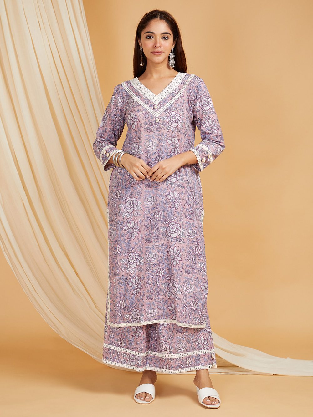 Mauve Hand Block Printed Cotton Straight Kurta with Palazzo- with crochet lace detail Set of 2