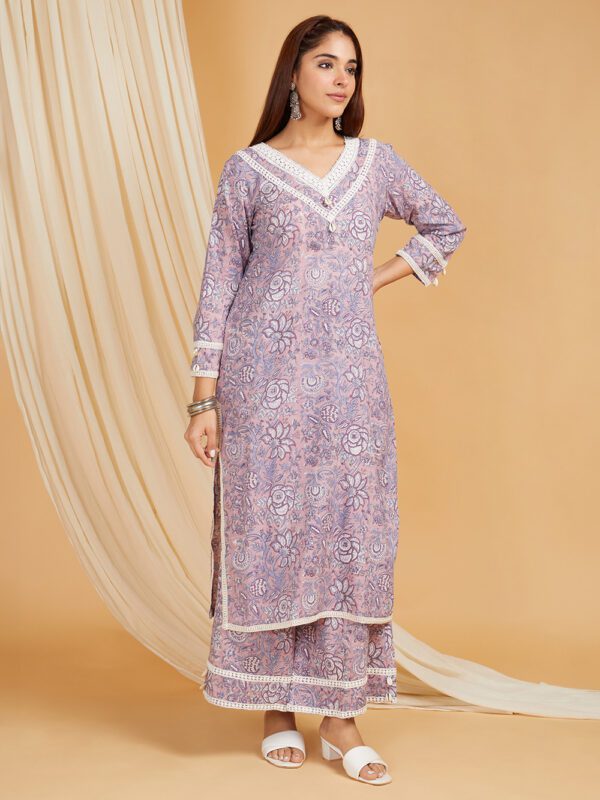 Mauve Hand Block Printed Cotton Straight Kurta with Palazzo- with crochet lace detail Set of 2 - Image 5