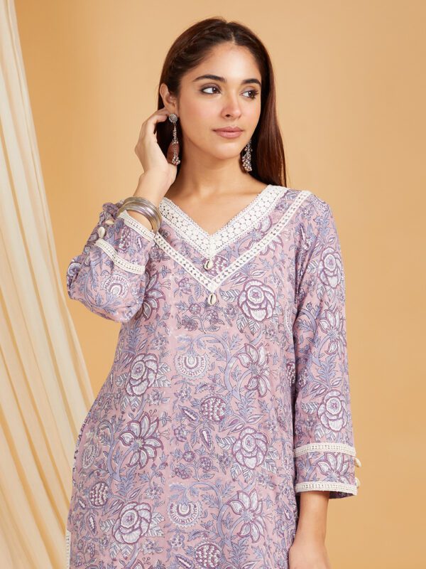 Mauve Hand Block Printed Cotton Straight Kurta with Palazzo- with crochet lace detail Set of 2 - Image 6