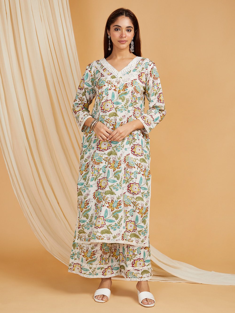 White Hand Block Printed Cotton Straight Kurta with Palazzo- with crochet lace detail Set of 2