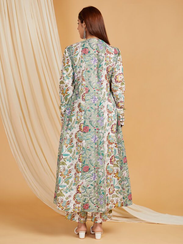 Hand Embroidered Green-White Hand Block Printed Cotton Kaildaar Kurta with Palazzo Set of 2 - Image 3