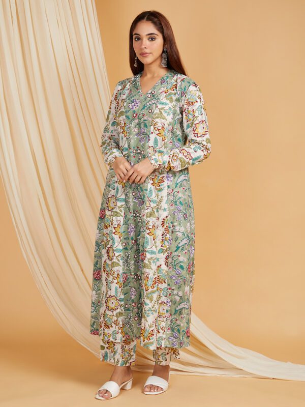 Hand Embroidered Green-White Hand Block Printed Cotton Kaildaar Kurta with Palazzo Set of 2 - Image 5