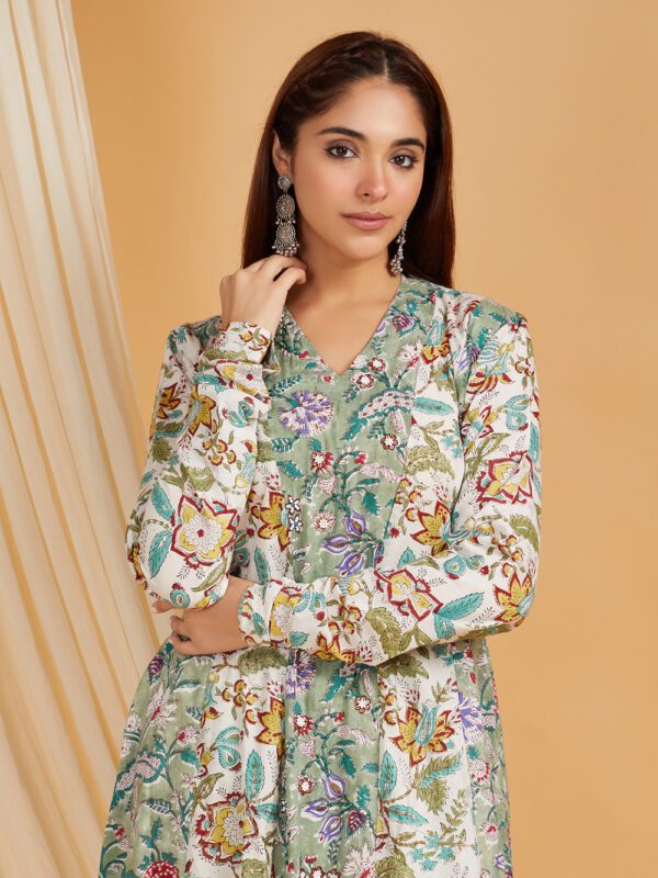 Hand Embroidered Green-White Hand Block Printed Cotton Kaildaar Kurta with Palazzo Set of 2 - Image 6