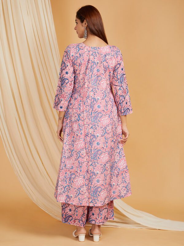 Hand Embroidered Pink Hand Block Printed Cotton A-Line Kurta and Palazzo Set of 2 - Image 3