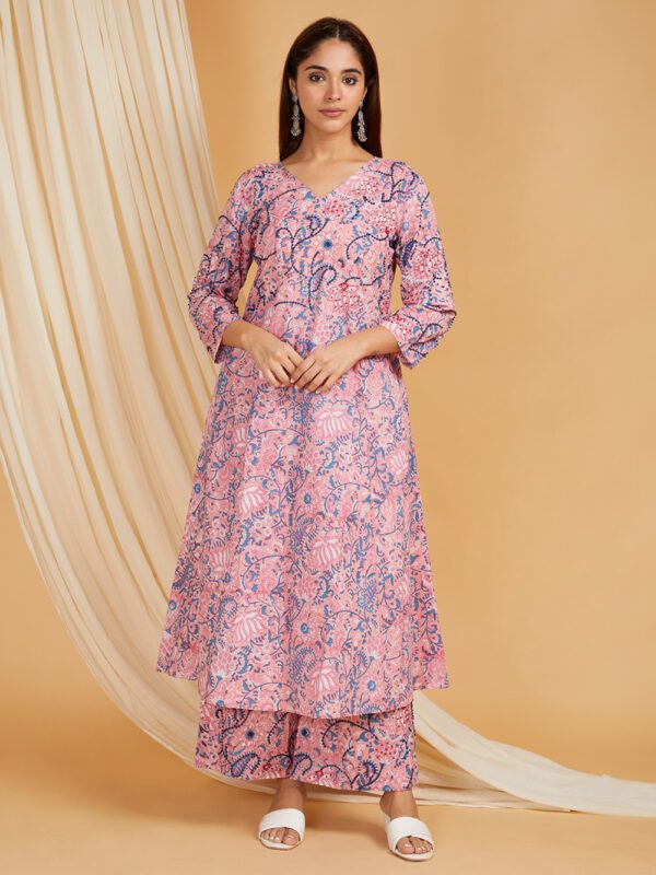 Hand Embroidered Pink Hand Block Printed Cotton A-Line Kurta and Palazzo Set of 2