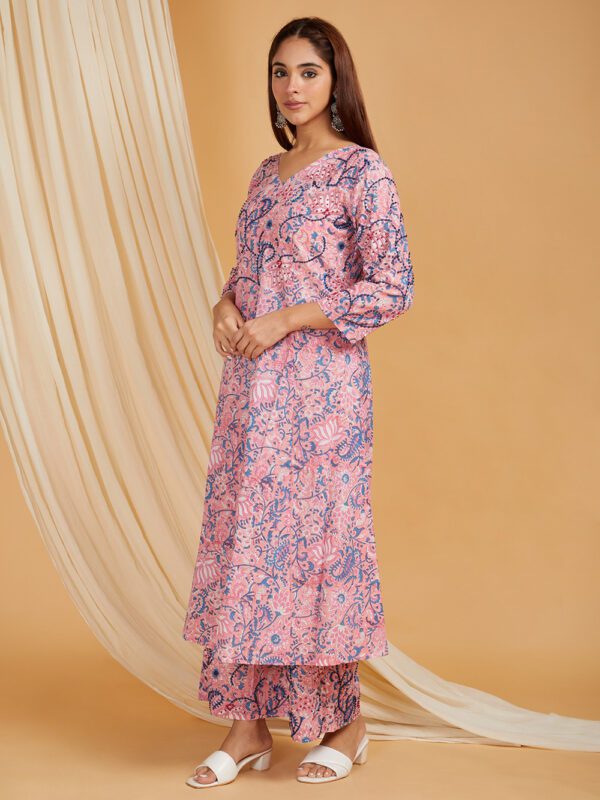 Hand Embroidered Pink Hand Block Printed Cotton A-Line Kurta and Palazzo Set of 2 - Image 5
