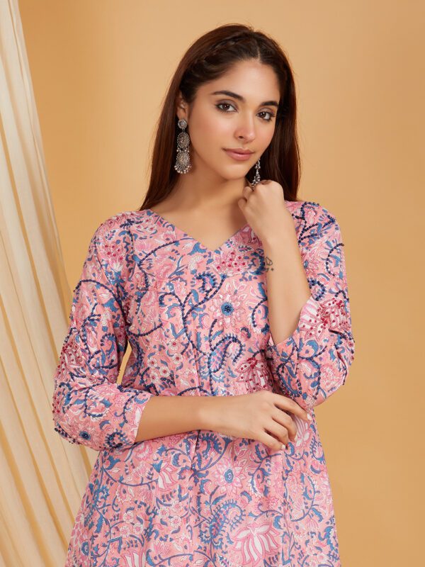 Hand Embroidered Pink Hand Block Printed Cotton A-Line Kurta and Palazzo Set of 2 - Image 6