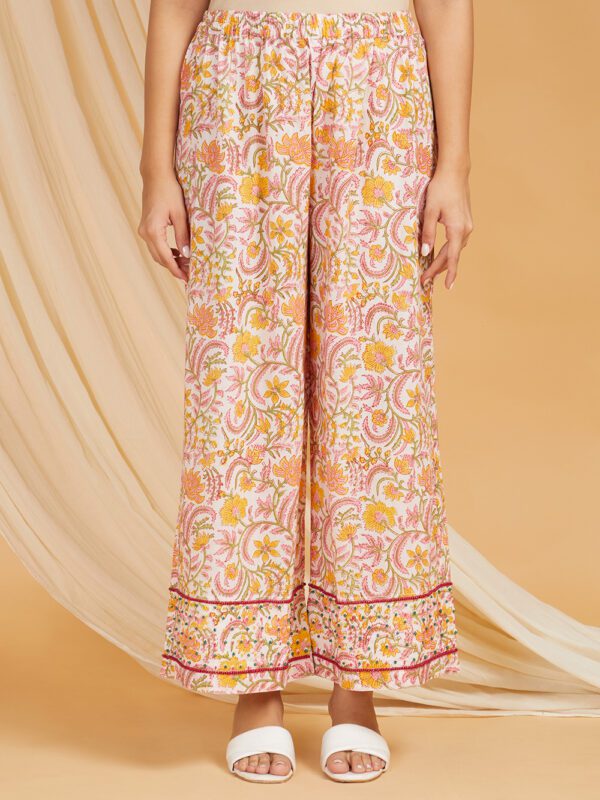 Hand Embroidered Yellow-Pink Hand Block Printed Cotton Flare Kurta with Palazzo Set of 2 - Image 2