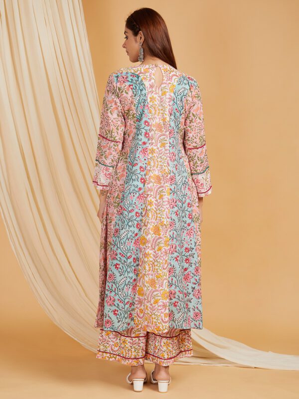 Hand Embroidered Pink-Blue Hand Block Printed Cotton A-Line Kurta with Palazzo Set of 2 - Image 3