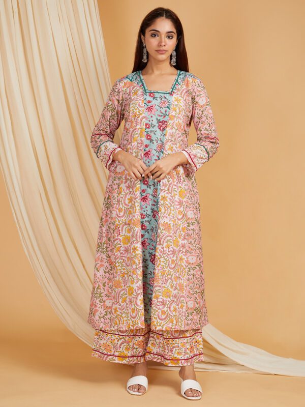 Hand Embroidered Pink-Blue Hand Block Printed Cotton A-Line Kurta with Palazzo Set of 2