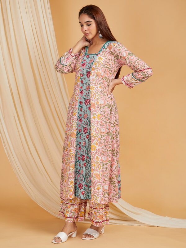 Hand Embroidered Pink-Blue Hand Block Printed Cotton A-Line Kurta with Palazzo Set of 2 - Image 5