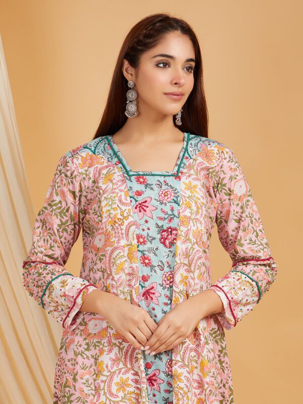 Hand Embroidered Pink-Blue Hand Block Printed Cotton A-Line Kurta with Palazzo Set of 2 - Image 6