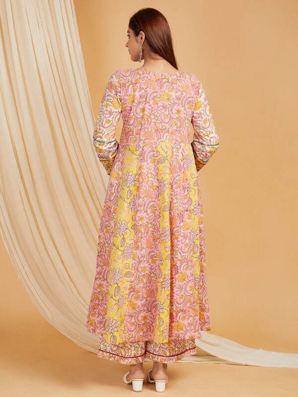 Hand Embroidered Yellow-Pink Hand Block Printed Cotton Flare Kurta with Palazzo Set of 2 - Image 3