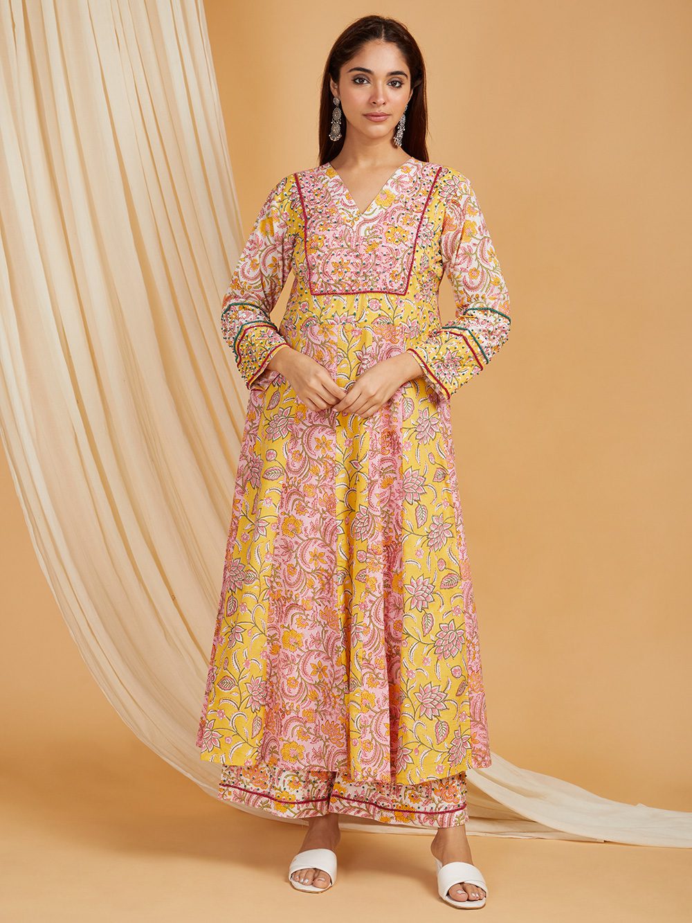 Hand Embroidered Yellow-Pink Hand Block Printed Cotton Flare Kurta with Palazzo Set of 2