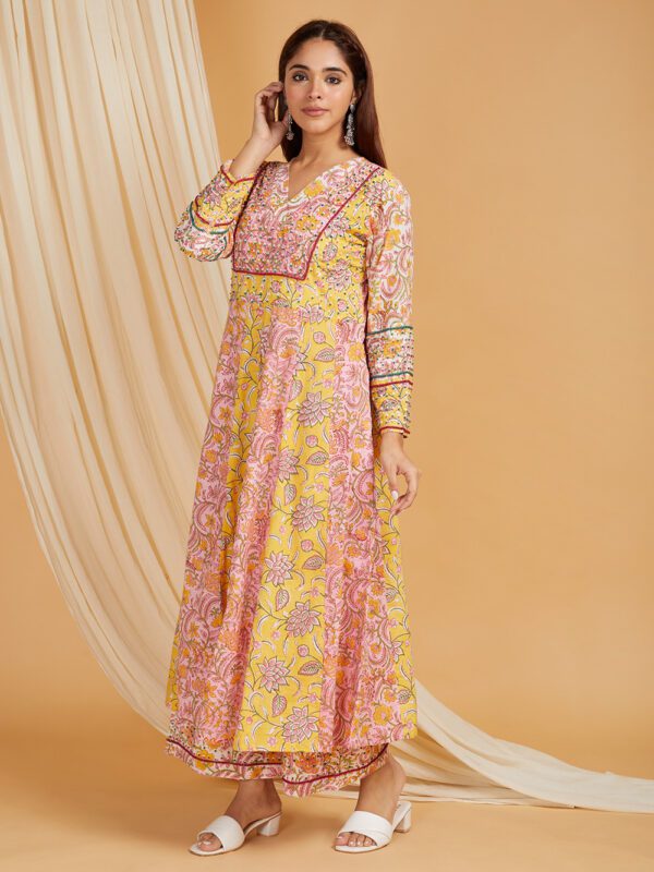 Hand Embroidered Yellow-Pink Hand Block Printed Cotton Flare Kurta with Palazzo Set of 2 - Image 5
