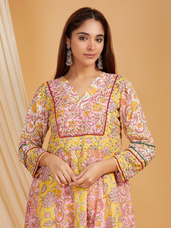 Hand Embroidered Yellow-Pink Hand Block Printed Cotton Flare Kurta with Palazzo Set of 2 - Image 6