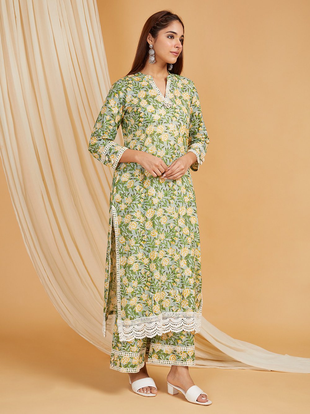 Green Hand Block Printed Cotton Straight Kurta with Palazzo- with crochet lace detail Set of 2