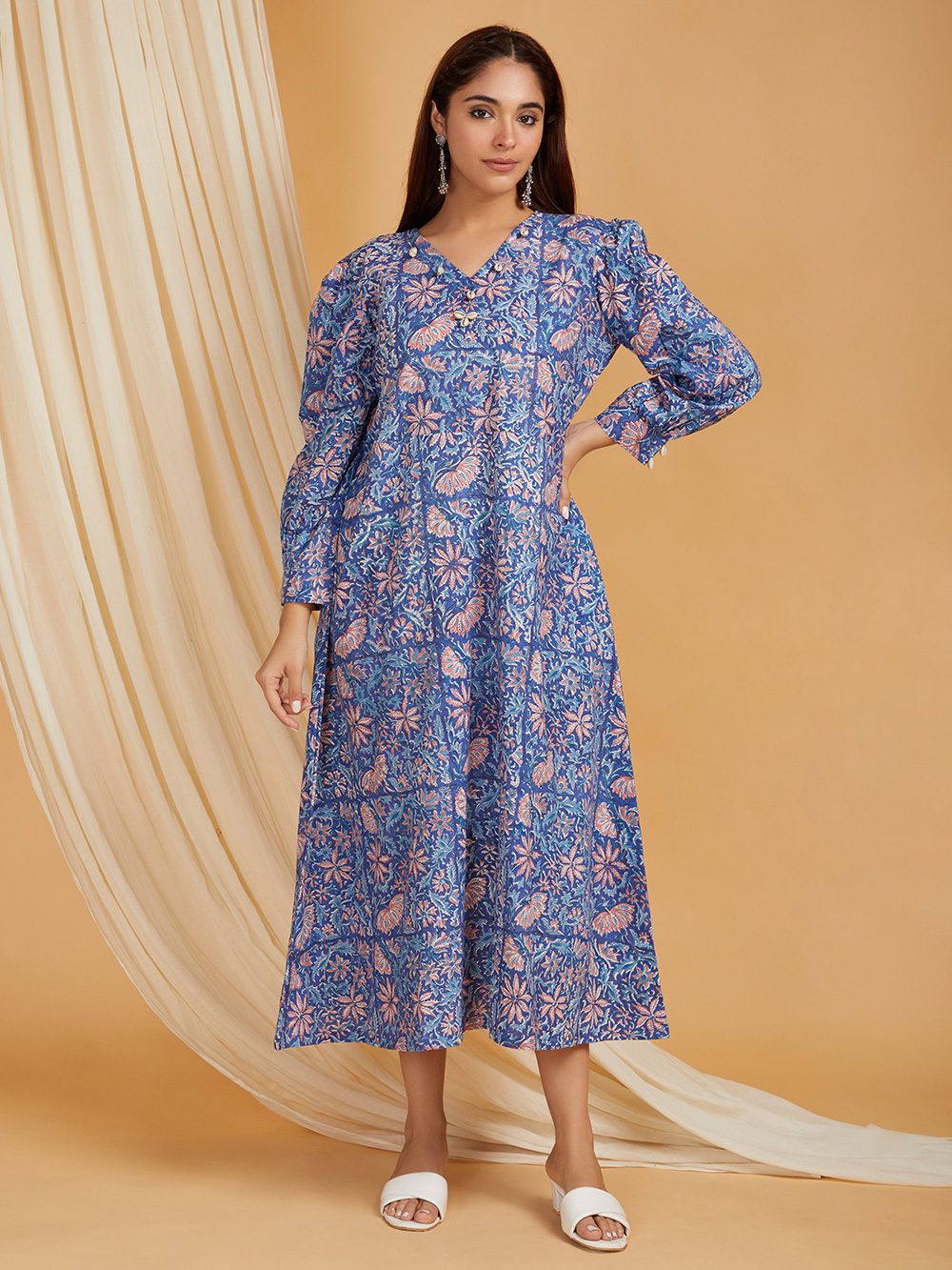Blue Hand Block Printed Cotton A-Line Dress with cowrie shells Set of 1