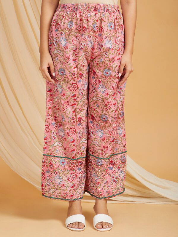 Hand Embroidered Pink-White Hand Block Printed Cotton Kurta with Palazzo Set of 2 - Image 2