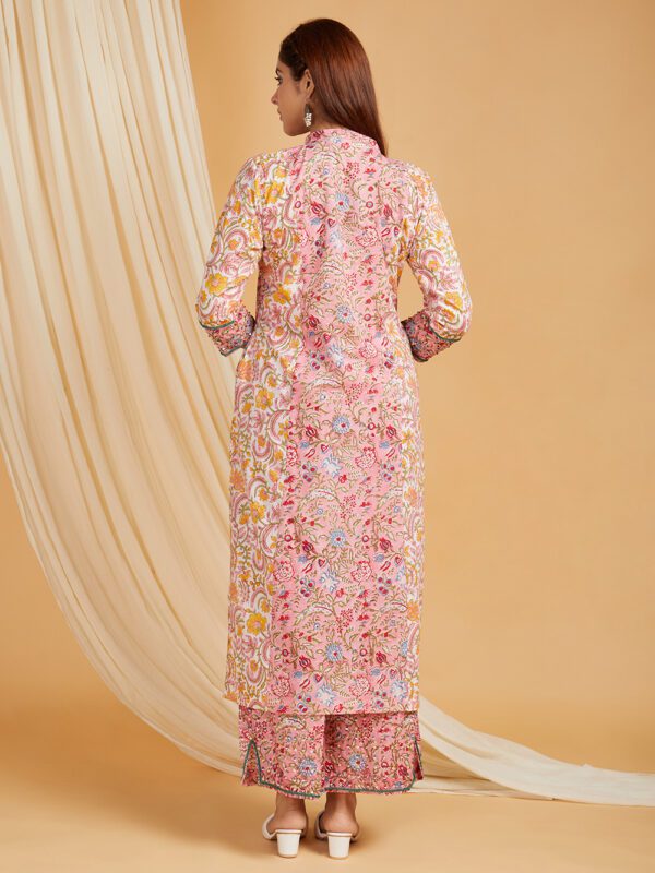 Hand Embroidered Pink-White Hand Block Printed Cotton Kurta with Palazzo Set of 2 - Image 3