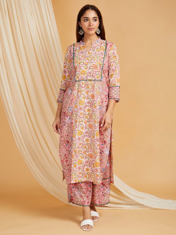 Hand Embroidered Pink-White Hand Block Printed Cotton Kurta with Palazzo Set of 2