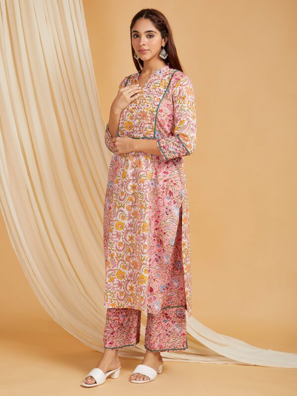Hand Embroidered Pink-White Hand Block Printed Cotton Kurta with Palazzo Set of 2 - Image 5
