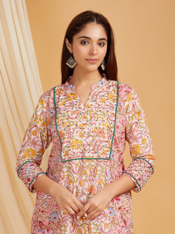 Hand Embroidered Pink-White Hand Block Printed Cotton Kurta with Palazzo Set of 2 - Image 6