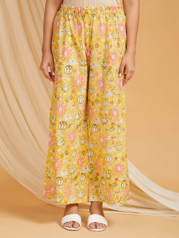 Hand Embroidered Yellow Hand Block Printed Cotton Straight Kurta with Palazzo Set of 2 - Image 2