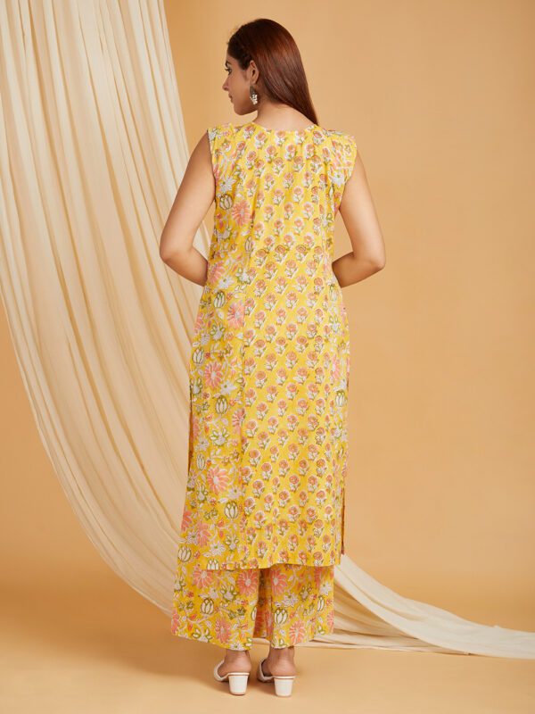 Hand Embroidered Yellow Hand Block Printed Cotton Straight Kurta with Palazzo Set of 2 - Image 3