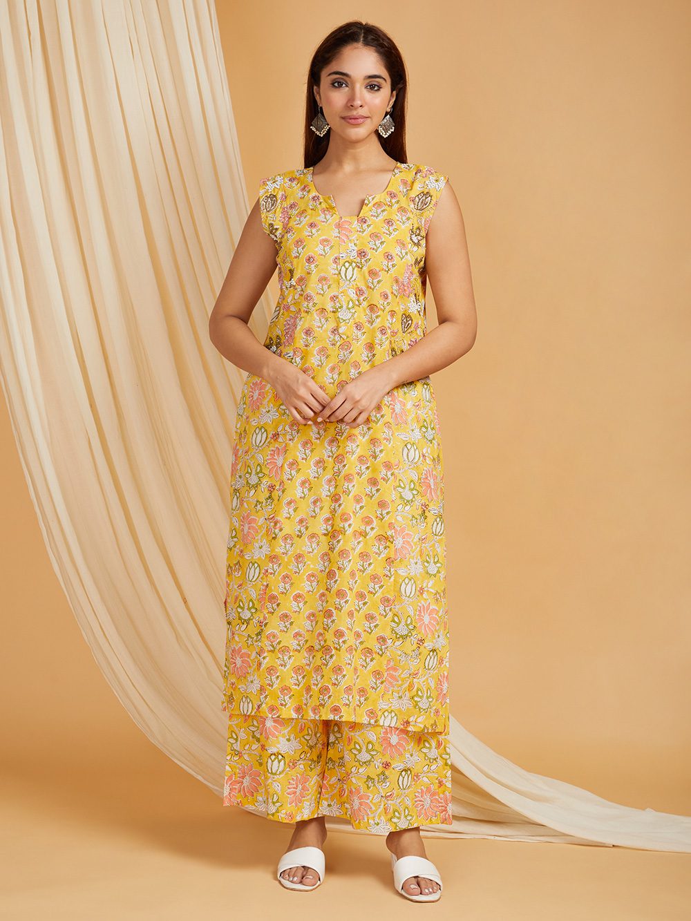 Hand Embroidered Yellow Hand Block Printed Cotton Straight Kurta with Palazzo Set of 2