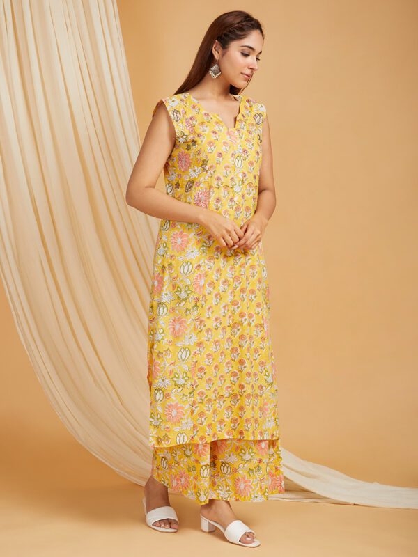 Hand Embroidered Yellow Hand Block Printed Cotton Straight Kurta with Palazzo Set of 2 - Image 5