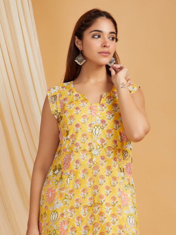 Hand Embroidered Yellow Hand Block Printed Cotton Straight Kurta with Palazzo Set of 2 - Image 6