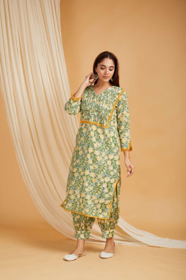 Green Hand Block Printed Cotton Short Kurta with Pants Set of 2 - Image 2