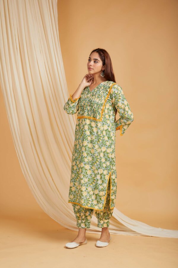 Green Hand Block Printed Cotton Short Kurta with Pants Set of 2 - Image 3