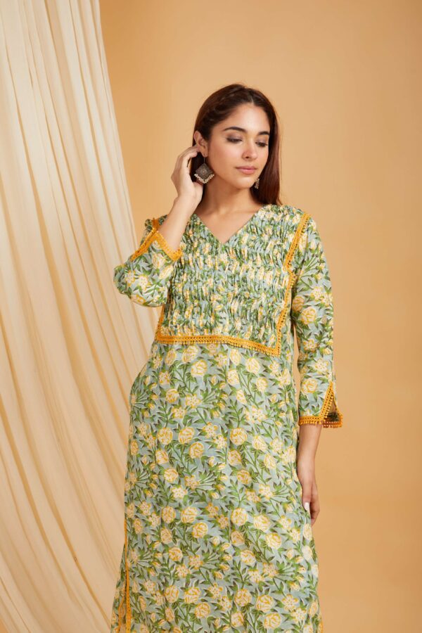 Green Hand Block Printed Cotton Short Kurta with Pants Set of 2 - Image 4