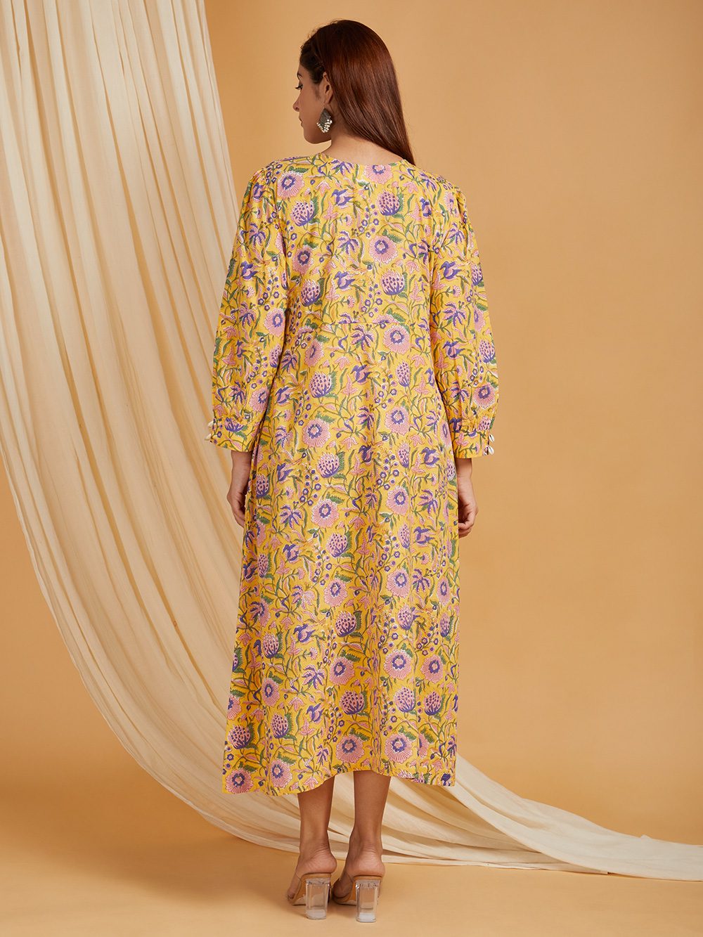 Yellow Hand Block Printed Cotton A-Line Dress with cowrie shells Set of 1 - Image 2
