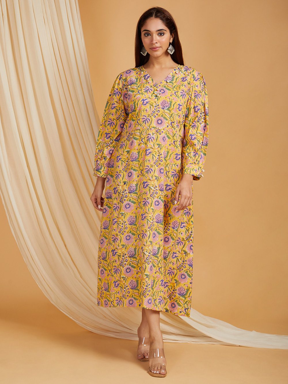Yellow Hand Block Printed Cotton A-Line Dress with cowrie shells Set of 1