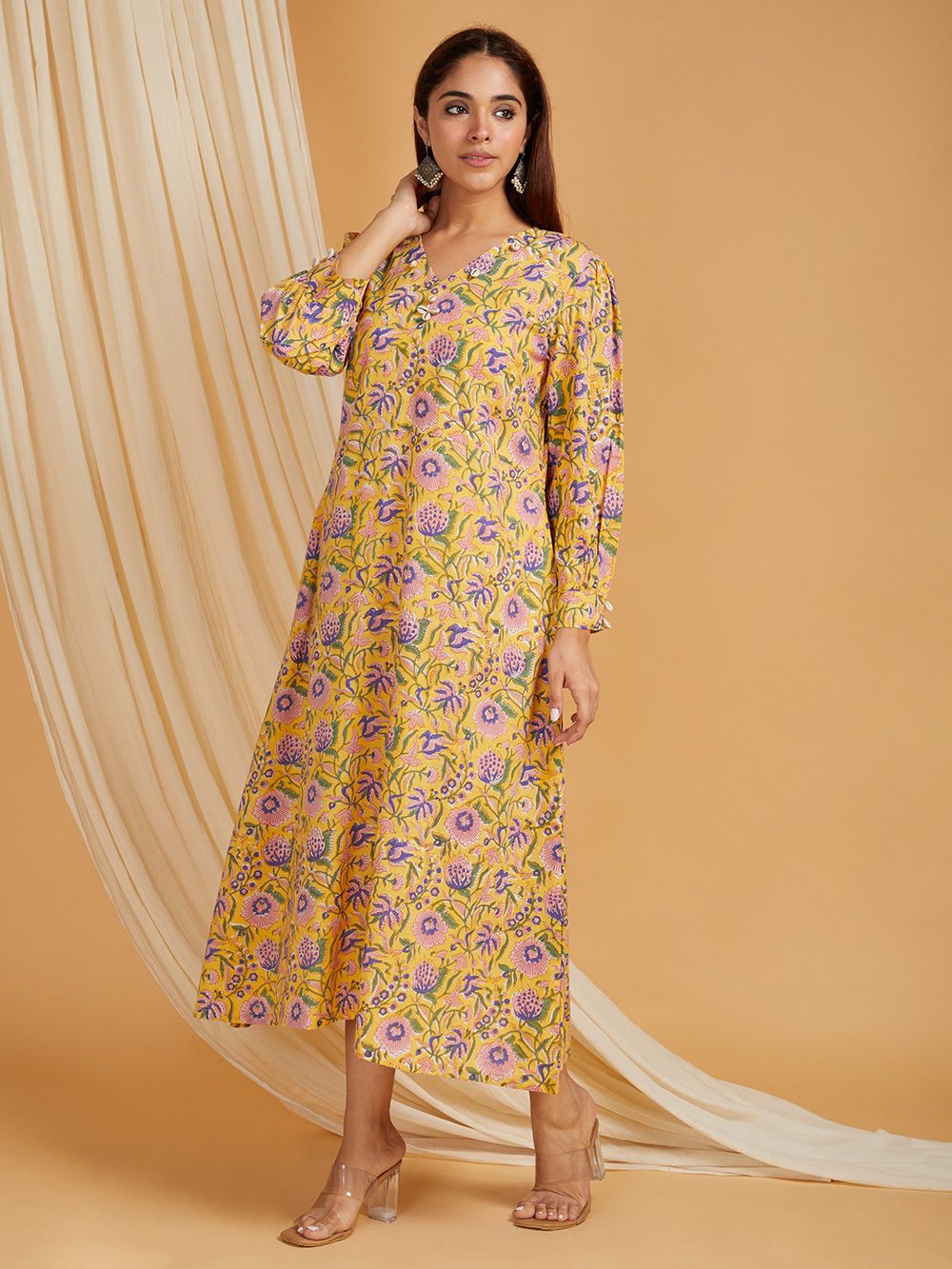 Yellow Hand Block Printed Cotton A-Line Dress with cowrie shells Set of 1 - Image 4