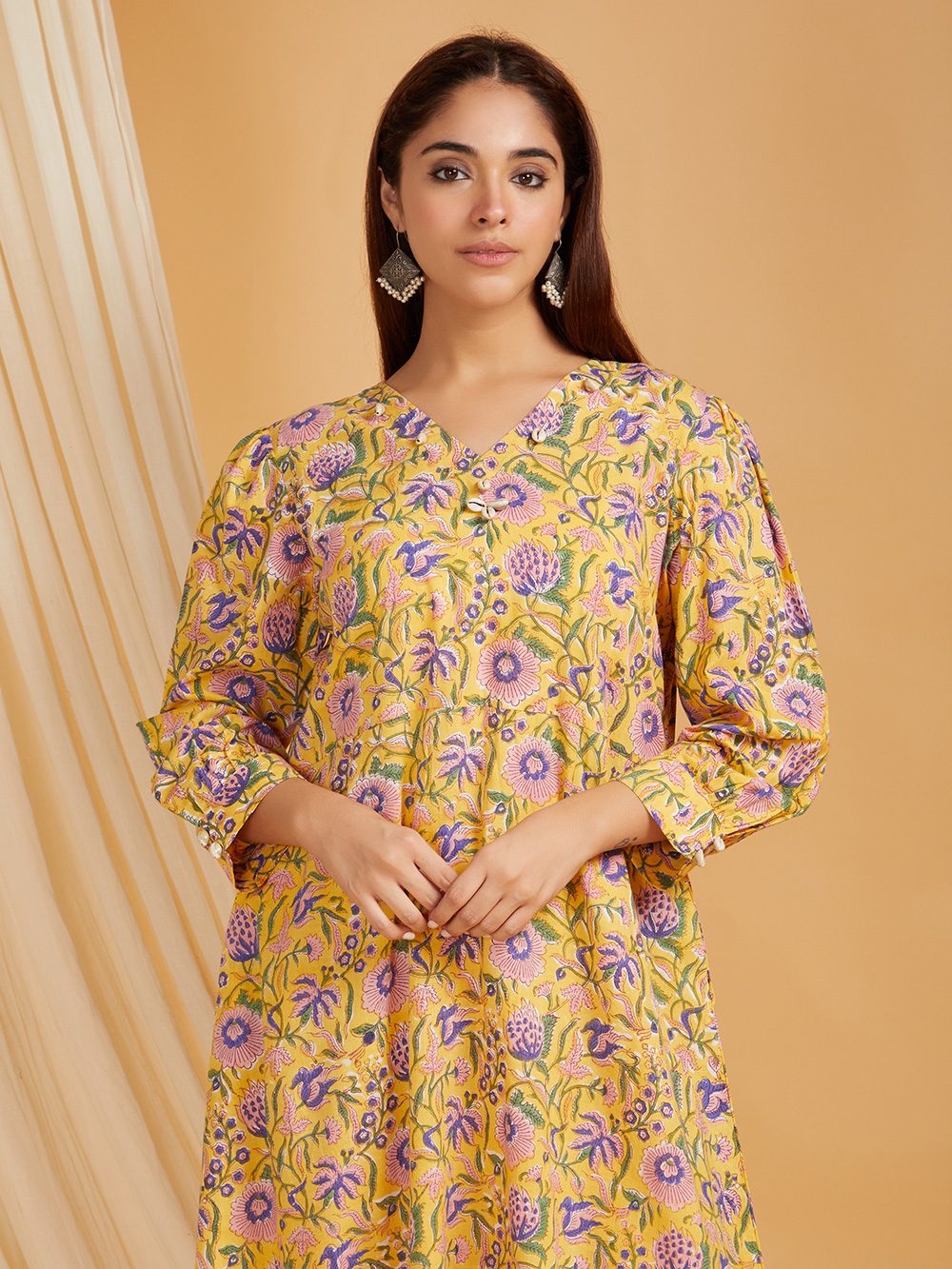Yellow Hand Block Printed Cotton A-Line Dress with cowrie shells Set of 1 - Image 5