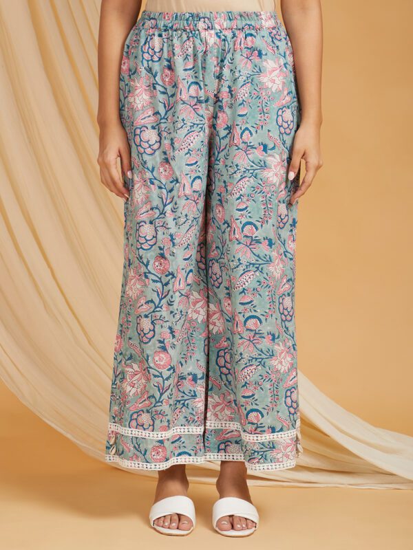 Grey Hand Block Printed Cotton Straight Kurta with Palazzo- with crochet lace detail Set of 2 - Image 2
