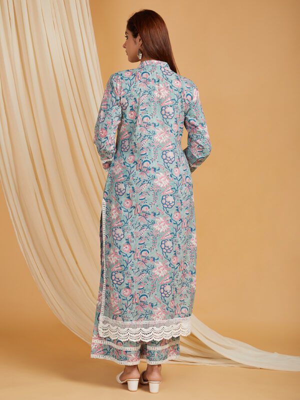 Grey Hand Block Printed Cotton Straight Kurta with Palazzo- with crochet lace detail Set of 2 - Image 3