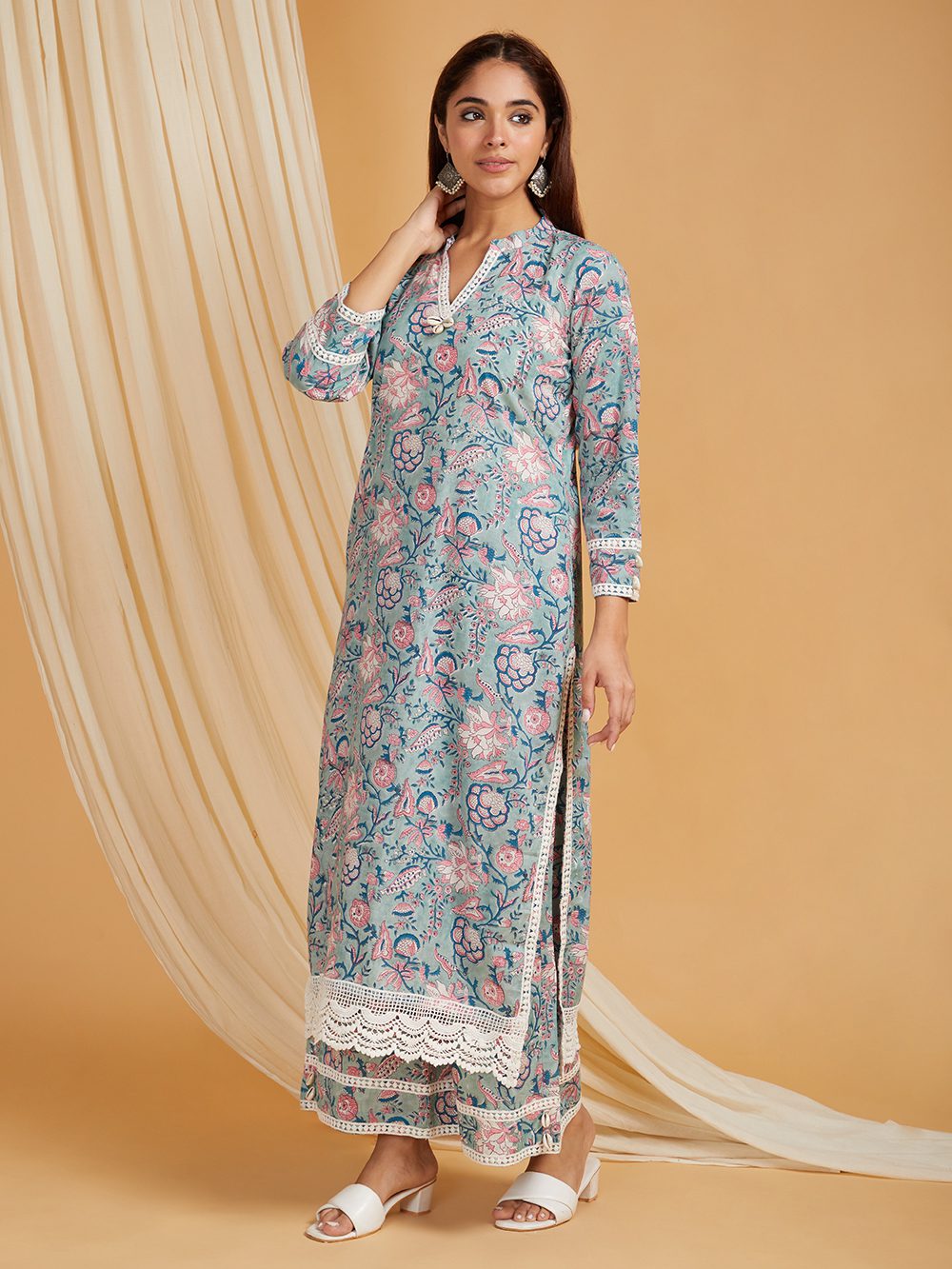 Grey Hand Block Printed Cotton Straight Kurta with Palazzo- with crochet lace detail Set of 2