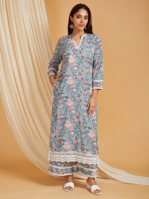 Grey Hand Block Printed Cotton Straight Kurta with Palazzo- with crochet lace detail Set of 2 - Image 5